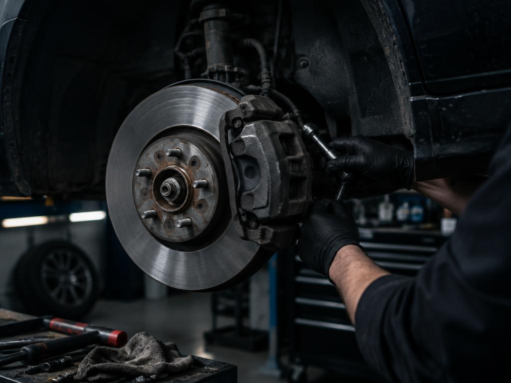 Brake disc and caliper being serviced