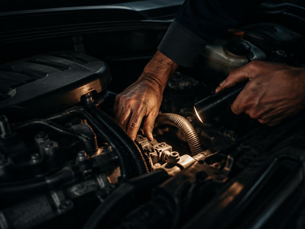 Mechanic inspecting a car engine with a torch