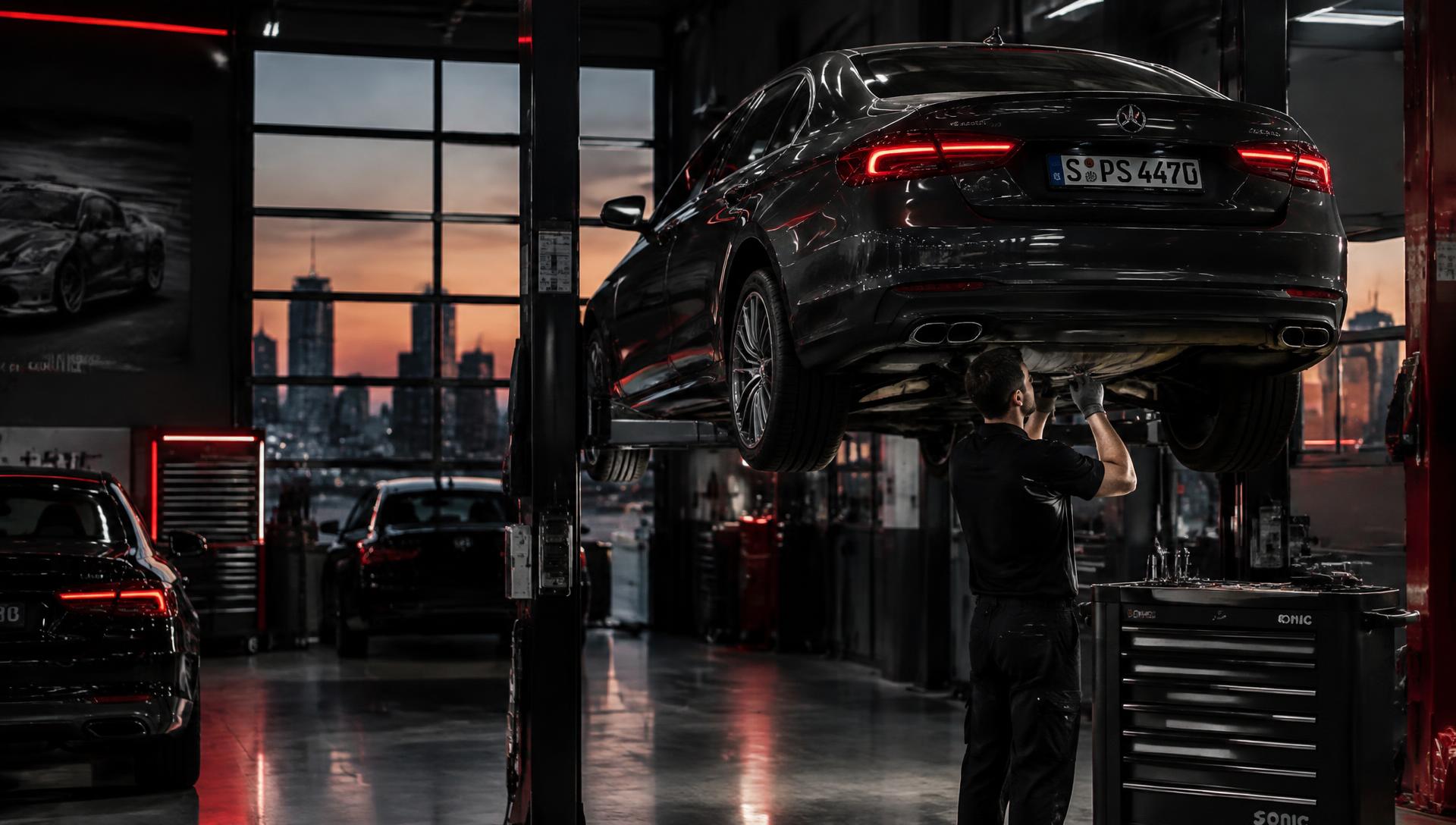 Car raised on a lift for underbody inspection