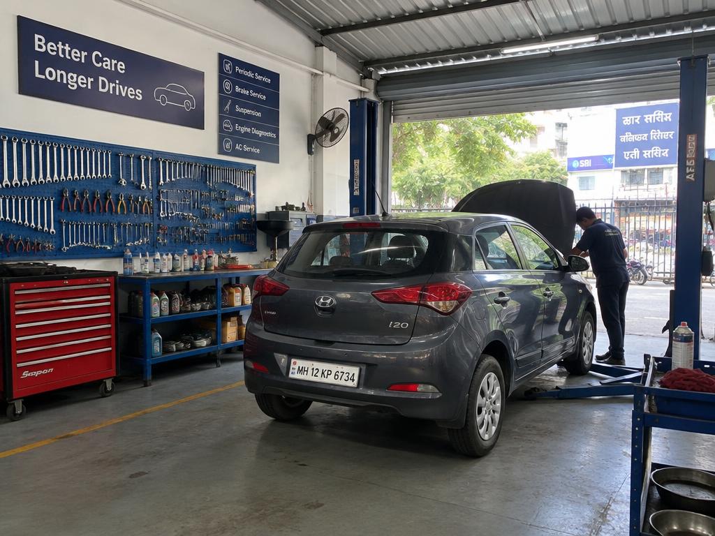 Inside an automotive repair workshop bay with vehicle on lift and tool wall